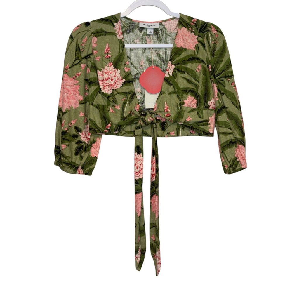Women's Green Pink Floral Tie Front Crop Top XS Tropical Long Sleeve Bolero